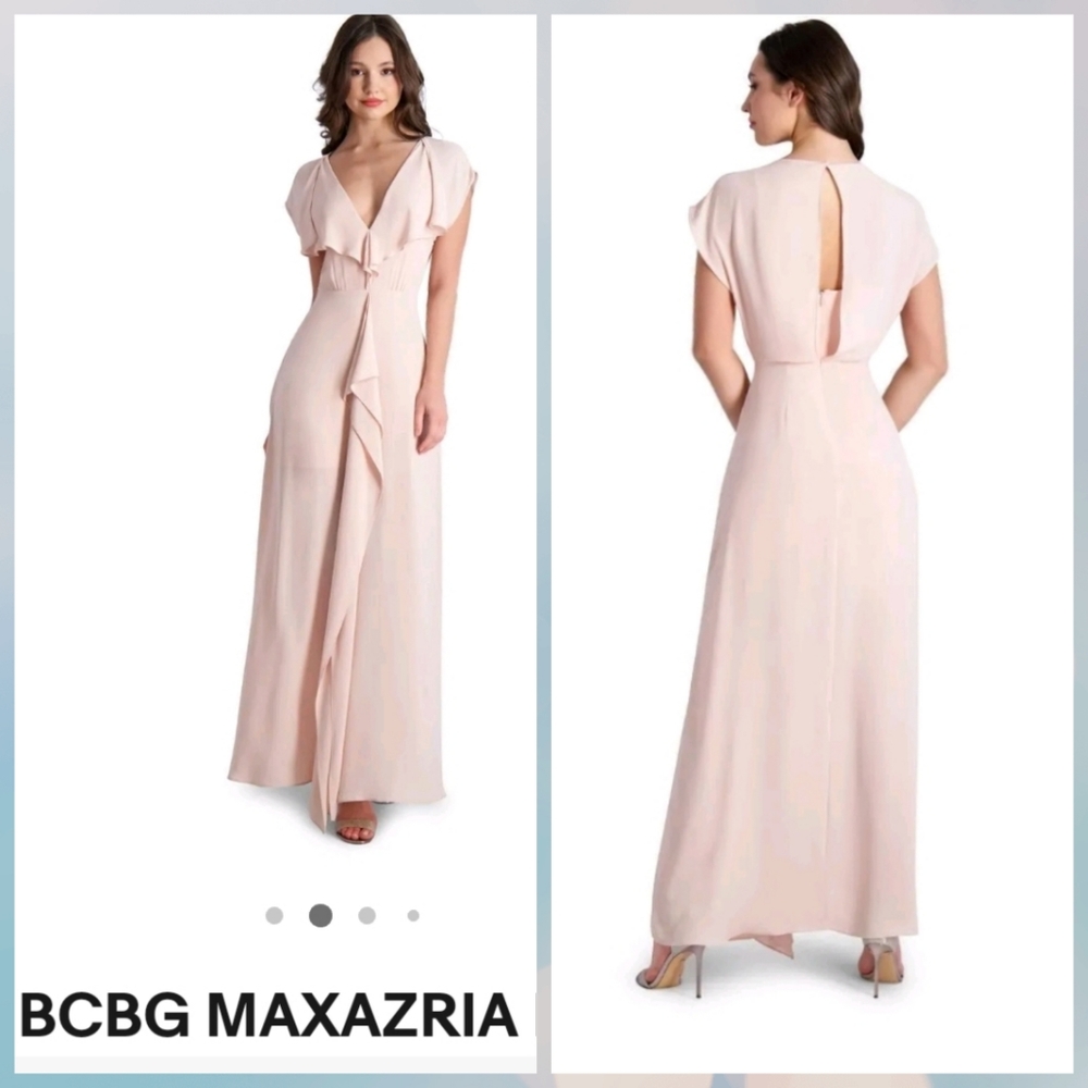 New With Tag BCBG MAXAZRIA Pink Ruffle Cascade V-Neck Front Slit Gown MSRP $298
